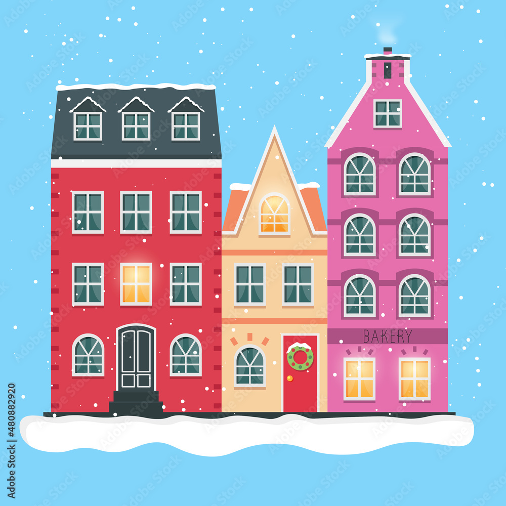 Winter snow houses, vector illustration, minimalism, 1:1 square, background free, cartoon style, snow town, street