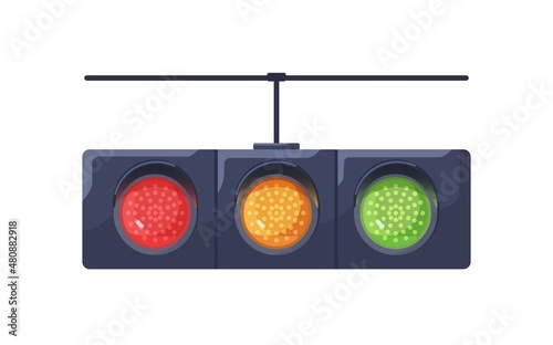 Traffic light with red, yellow, green signals. Horizontal stoplight with stopping, warning and allowing led lamps on. Street electric semaphore. Flat vector illustration isolated on white background