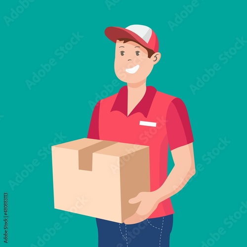 Courier in uniform and box in hands. Vector illustration.