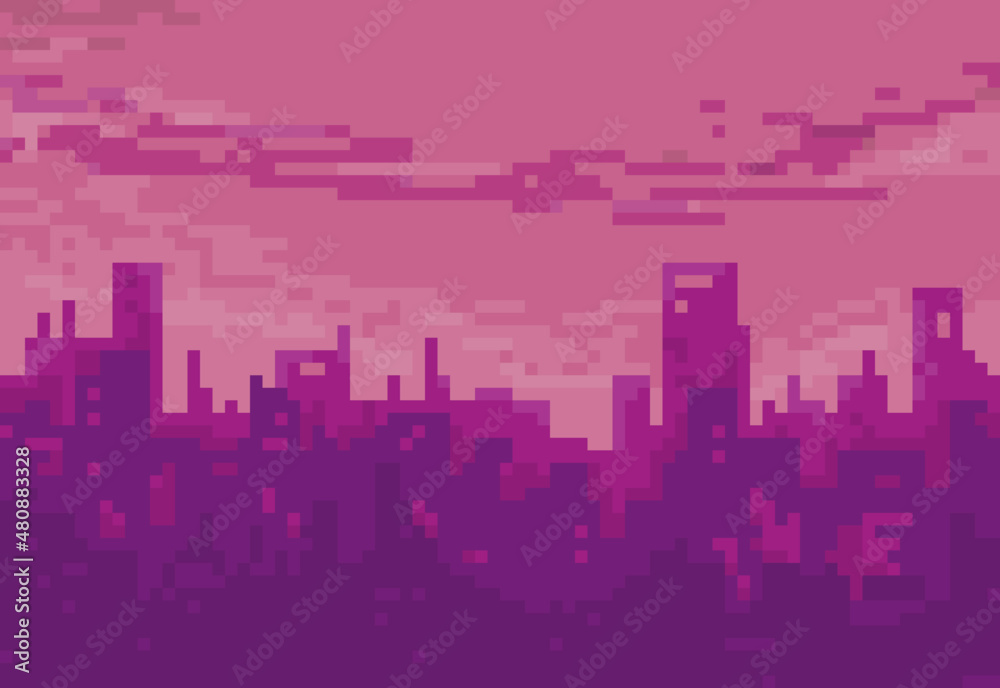 Illustration of futuristic cityscape with vapor colours in pixel art style Illustration of futuristic cityscape with vapor colours in pixel art style