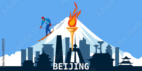 Beijing city skyline, silhouette, torch with flame, symbol sport games, skier. Winter mountaine landscape background. Vector illustration photo