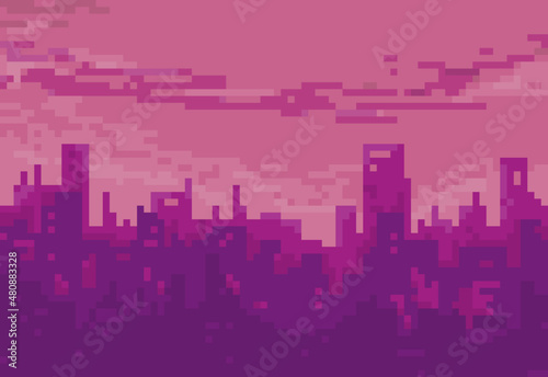 Illustration of futuristic cityscape with vapor colours in pixel art style