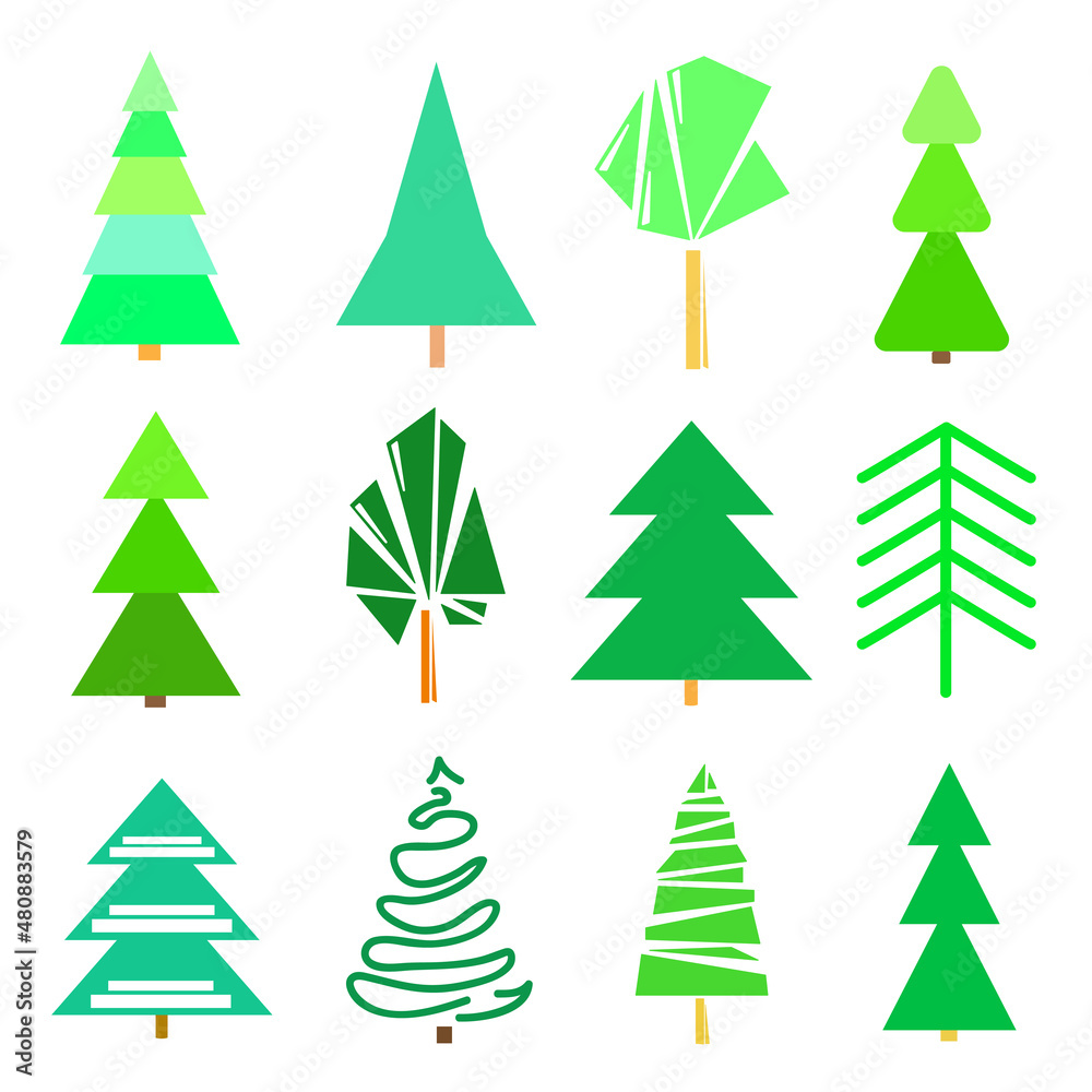 Obraz premium Colorful trees and christmas trees on white. Set for icons on isolated background. Geometric art. Objects for polygraphy, posters, t-shirts and textiles
