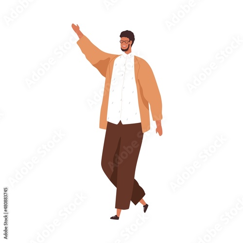 Happy man greeting and welcoming smb with hi gesture. Excited friendly guy sa...