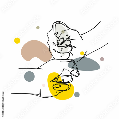 Continuous one simple single abstract line drawing of joining forces by using hands to fight together icon in silhouette on a white background. Linear stylized.