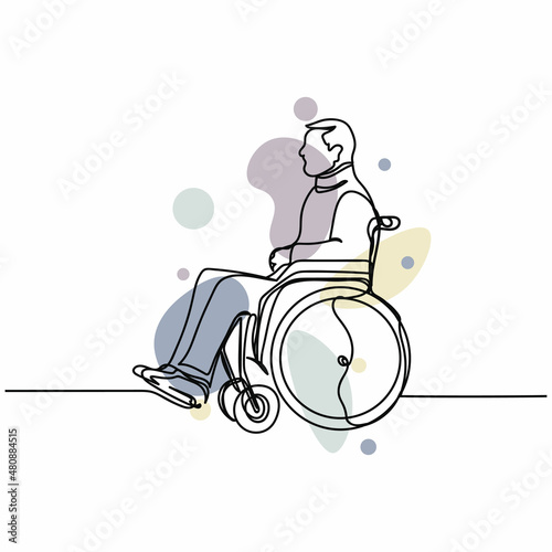 Continuous one simple single abstract line drawing of man in wheelchair icon in silhouette on a white background. Linear stylized.
