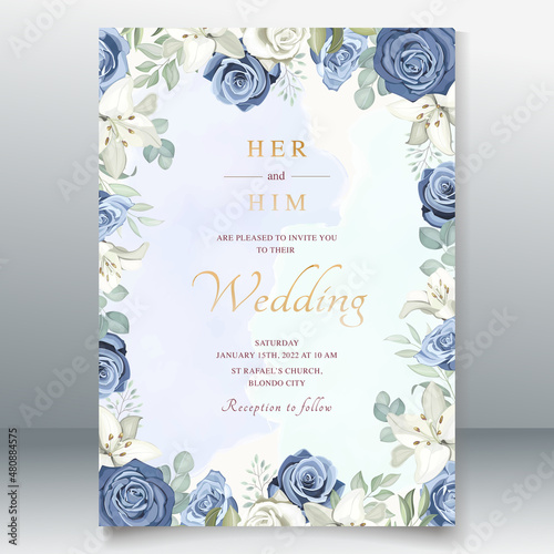 Wedding card with dusty blue roses template