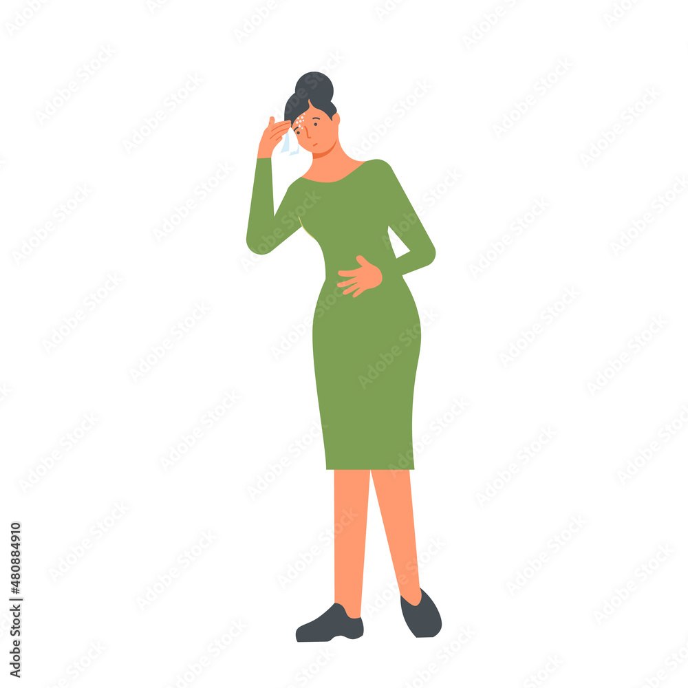 Sick Woman with a fit of weakness wipes sweat from her forehead Sick Woman with a fit of weakness wipes sweat from her forehead