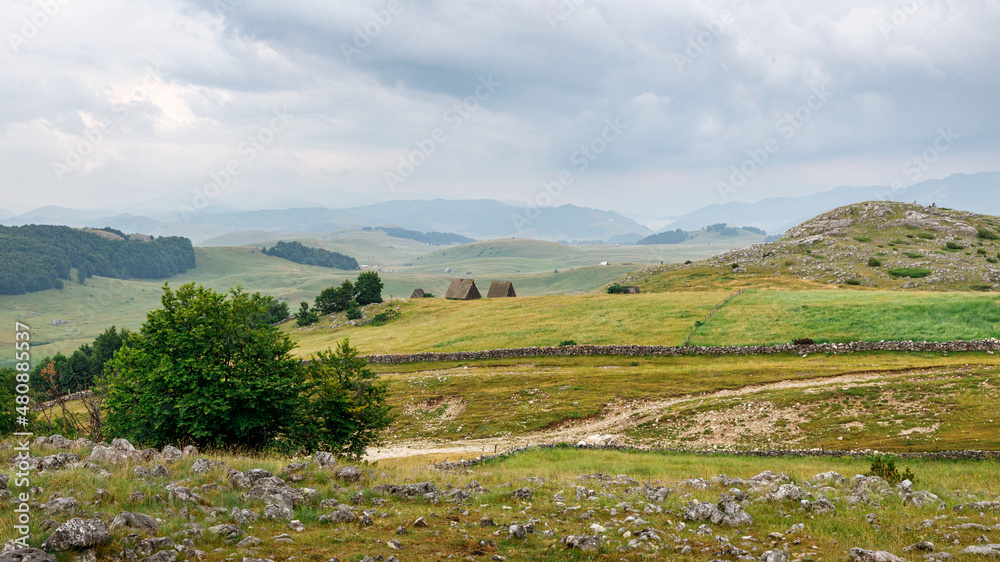 Countryside landscape view in Durmitor national nature park, Montenegro on overcast day