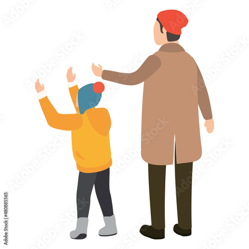 Happy family, father with son, winter cold weather clothes, cap, warm coat, boots. Cartoon flat style photo
