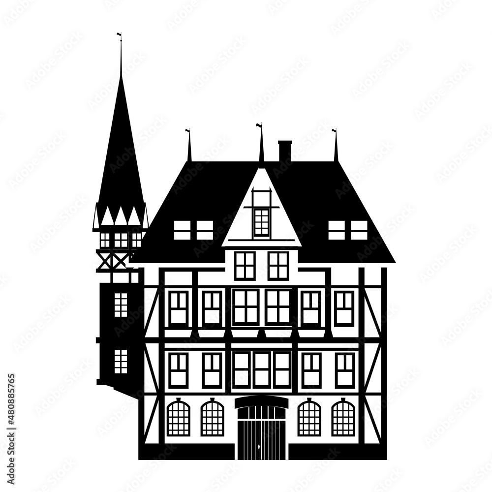 Apartment house old building Europe and America. Silhouette black white icon. Vector illustration