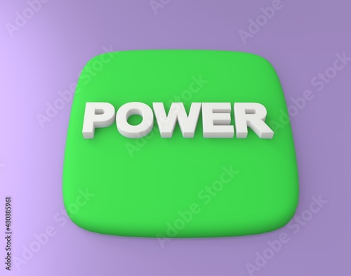 3d visualization of a green button with a white volumetric designation "power". Soft green with subsurface scattering. Convex image. White inscription power.