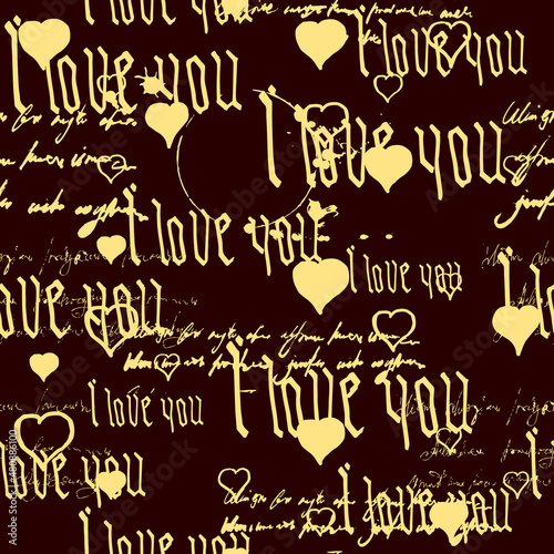 Seamless pattern Gothic Text I love you, hand written words.Sketch, doodle, lettering, hearts, happy valentines day. Vector illustration pink background