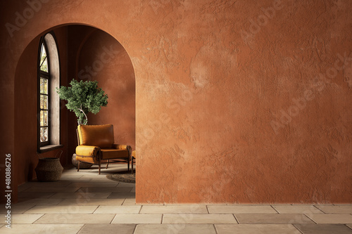 Orange boho style interior with blank wall and decor. 3d render illustration mockup.
