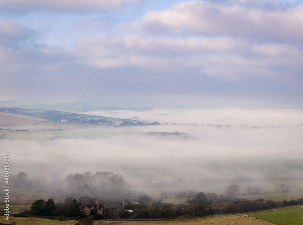 Ascending Itford Hill on the south downs in East Sussex on a very foggy January morning