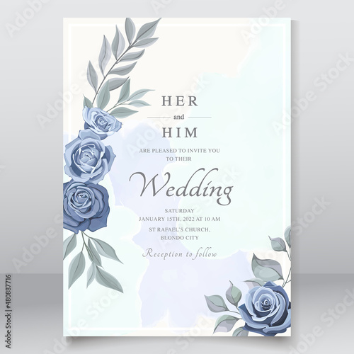 Wedding card with dusty blue roses template