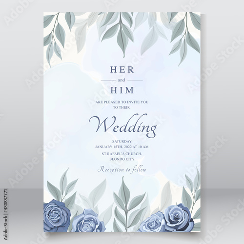 Wedding card with dusty blue roses template