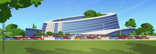 future city futuristic unusual shapes buildings and green trees modern architecture urban town cityscape background