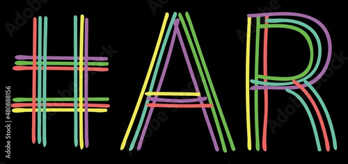 AR Hashtag. Multicolored bright isolate curves doodle letters. Hashtag #AR is abbreviation for the US America state Arkansas social network, web resources, mobile app.