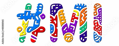 MI Hashtag. Multicolored bright isolate curves doodle letters. Hashtag #MI is abbreviation for the US American state Michigan for social network, web resources, mobile apps.