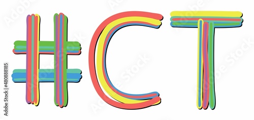 CT Hashtag. Multicolored bright isolate curves doodle letters. Hashtag #CT is abbreviation for the USA state Connecticut for social network, web resources, mobile apps.