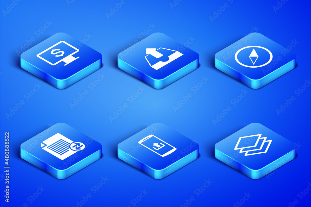 Set Layers, Monitor with dollar, Smartphone upload, Transfer files, Upload inbox and Wind rose icon. Vector Set Layers, Monitor with dollar, Smartphone upload, Transfer files, Upload inbox and Wind rose icon. Vector