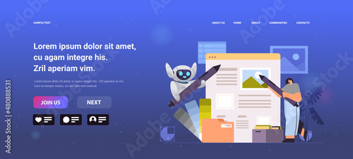 woman developer with robot helper creating website ui interface web application development program software optimization