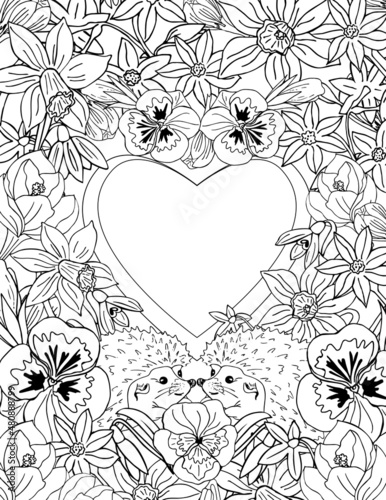 Doodle illustration of hedgehogs in flowers and heart. Valentine coloring page. Coloring page Antistress for adults and children. 
