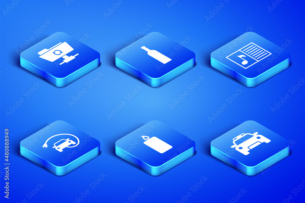 Set Police car and flasher, FTP sync refresh, Burning candle, Electric, Bottle of wine and Music book with note icon. Vector Set Police car and flasher, FTP sync refresh, Burning candle, Electric, Bottle of wine and Music book with note icon. Vector