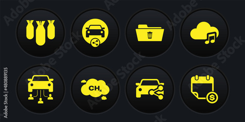 Set Car sharing, Music streaming service, Methane emissions reduction, , Delete folder and icon. Vector