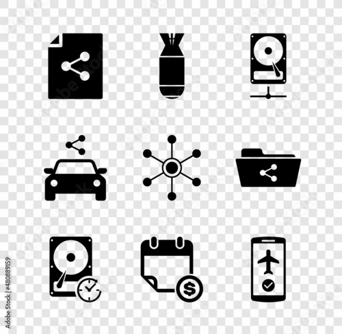 Set Share file, Aviation bomb, Hard disk drive sharing network, with clockwise, Financial calendar and Flight mode the mobile icon. Vector photo