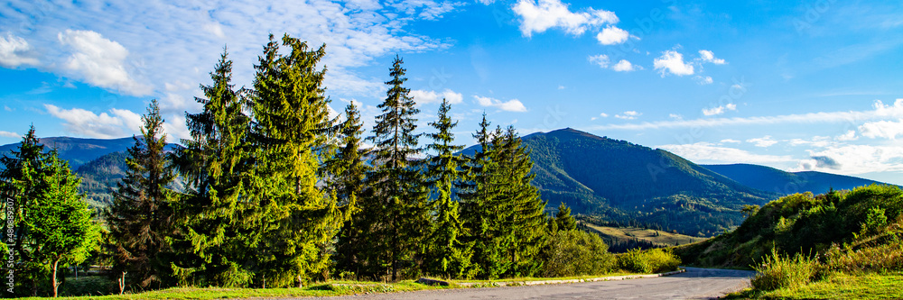 panorama of the road near the coniferous forest on a background of mountains with blue sky and clouds on a summer day.