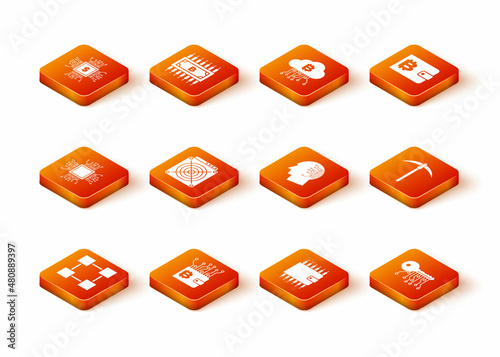 Set Blockchain technology, Cryptocurrency wallet, Processor, ASIC Miner, and Brain as digital circuit board icon. Vector