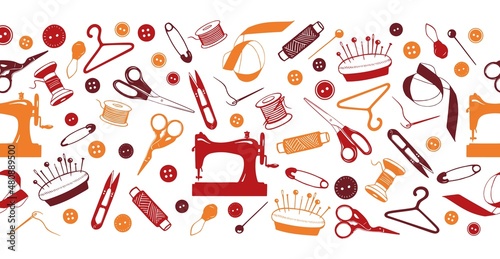 Sewing Tools Border, Banner with Hand Drawn Elements. Tailoring accessories - threads, scissors, needles, pins, buttons