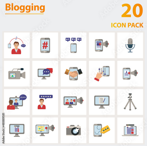 Blogging icon set. Collection of simple elements such as the lifestyle, hashtag, engagement rate, brand collaboration, photo filter, dialogue, influencer marketing.