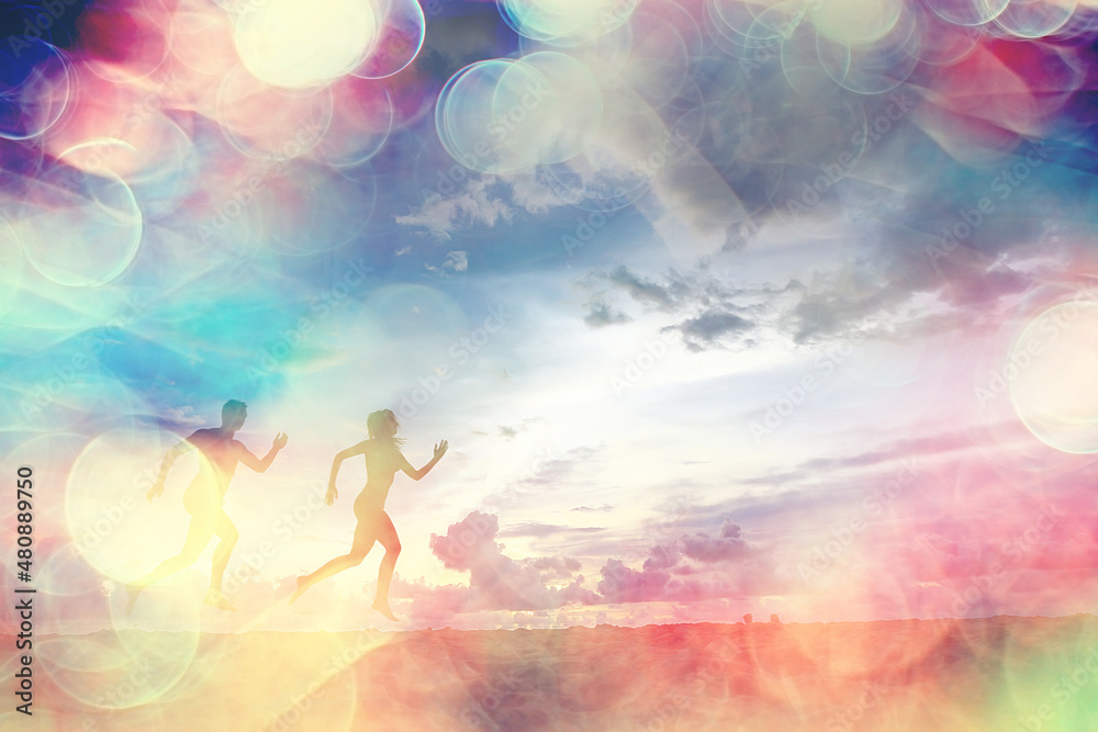 silhouettes of athletes running along the beach / sports summer in the warm sea, healthy rest, sports activity, summer vacation silhouettes of athletes running along the beach / sports summer in the warm sea, healthy rest, sports activity, summer vacation