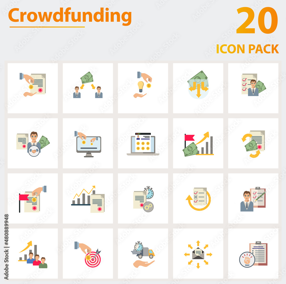 Crowdfunding icon set. Collection of simple elements such as the backer, p2p lending, capital crowdunding, crowdunding portal, ipo, venture capital, flexible funding.