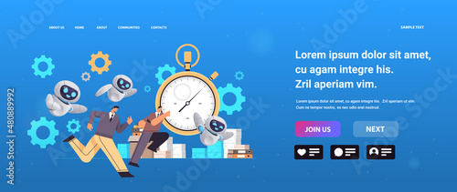 overworked businessmen and robots running in office with stopwatch hurry at work deadline time management artificial intelligence technology concept copy space full length vector illustration