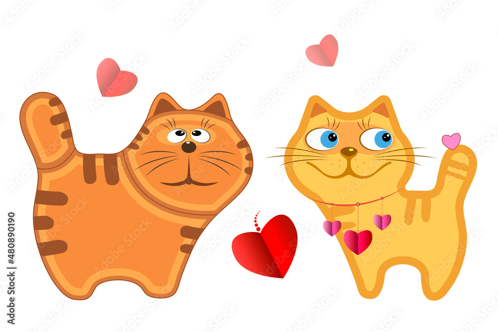Valentine's Day. An image of cute, multicolored kittens on a white background. Greeting card. Isolated background. Valentine's Day. An image of cute, multicolored kittens on a white background. Greeting card. Isolated background.