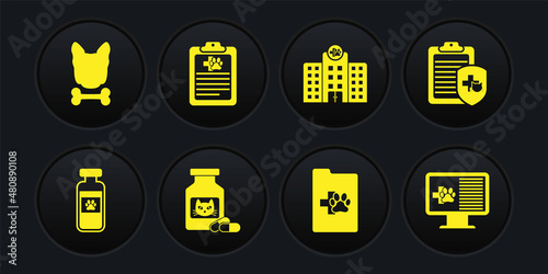 Set Pets vial medical, Clinical record pet, Cat medicine bottle and pills, , Veterinary hospital and icon. Vector