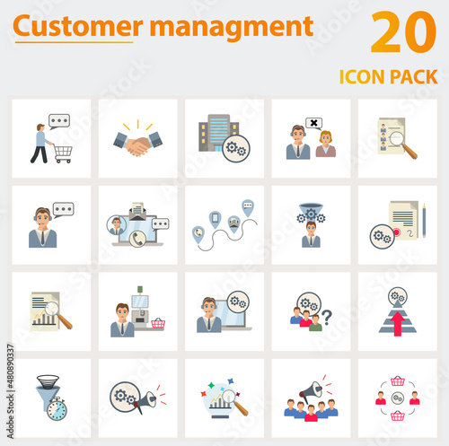 Customer Management icon set. Collection of simple elements such as the consumer behavior, business relation, campaign management, consumer journey,  lead, analytical reporting. © Mariia