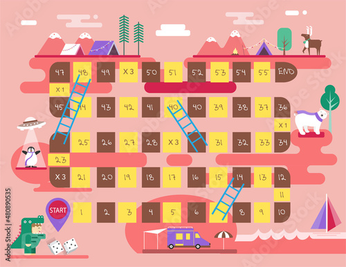World tour board game template,Funny frame, ladders game, Vector illustrations.