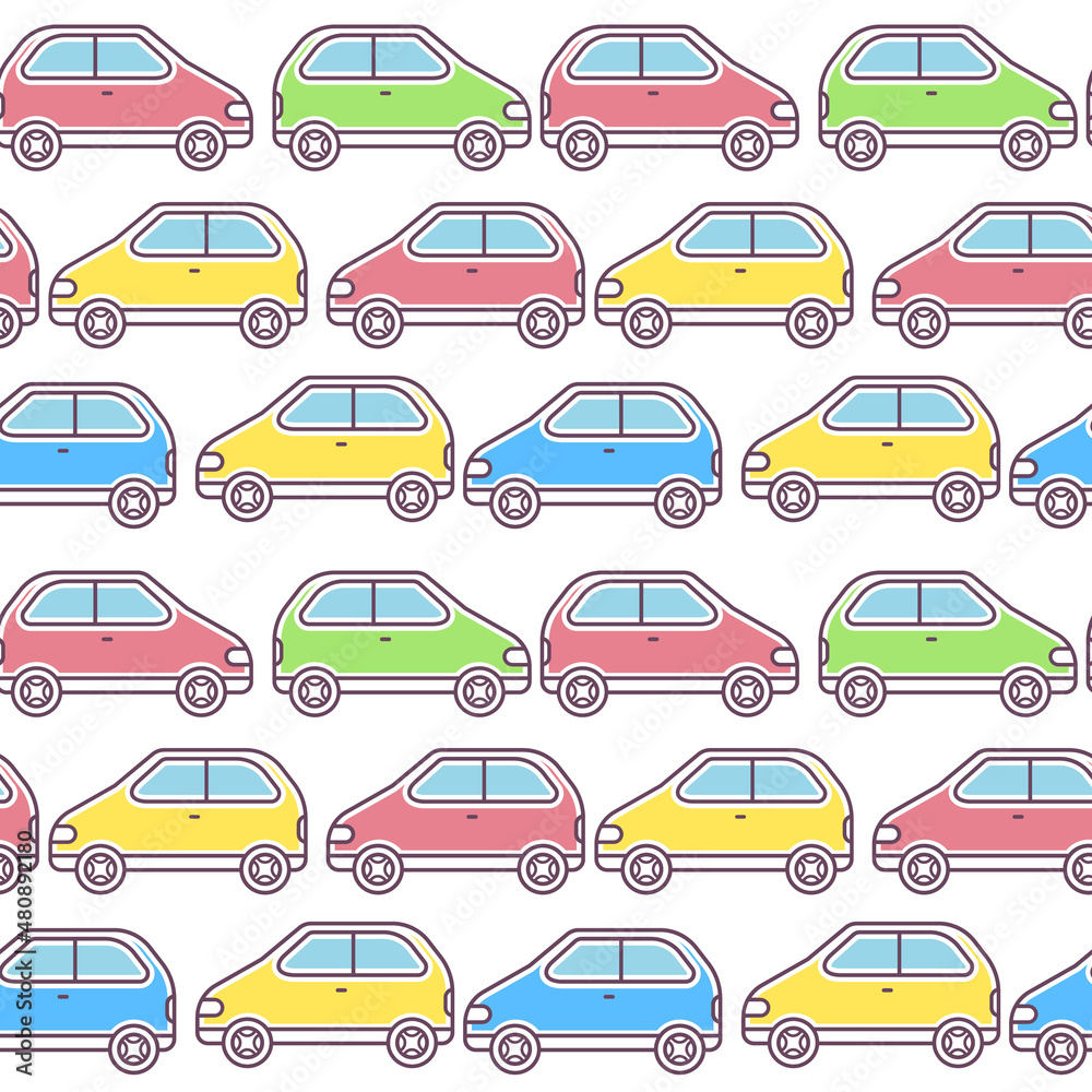 Line art style design of car traffic seamless pattern on white background. Vector kid illustration of colorful car driving on road