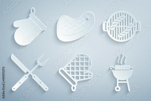 Set Oven glove, Barbecue grill with sausage, Crossed fork and knife, grilled shish kebab, Steak meat and icon. Vector
