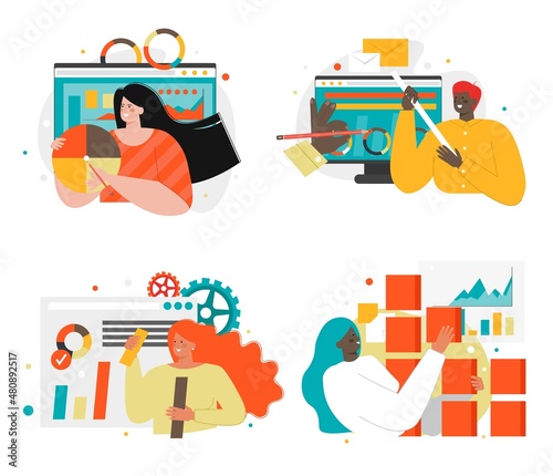 Web developer, designer cartoon character set, vector isolated illustration. Web chart, data visualization design.
