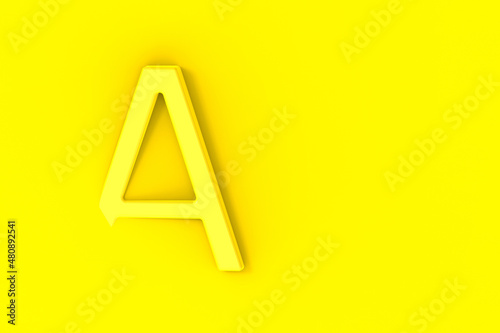 Letter A Is yellow on yellow background. Part of letter is immersed in background. Horizontal image. 3D image. 3D rendering.