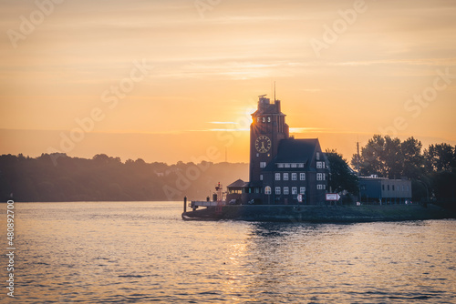 Germany, Hamburg, Lotsenhaus Seemannshoft tower at sunrise photo