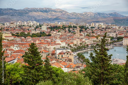 Diocletian's Palace and St. Dominus Church in old town near mountain, Split, Dalmatia, Croatia photo