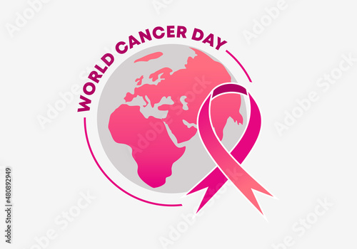 Illustration Of 4 February World Cancer Day Poster Or Banner Background with pink ribbon and earth isolated on grey background.