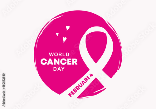 World cancer day background with purple circle and white ribbon isolated on white background.